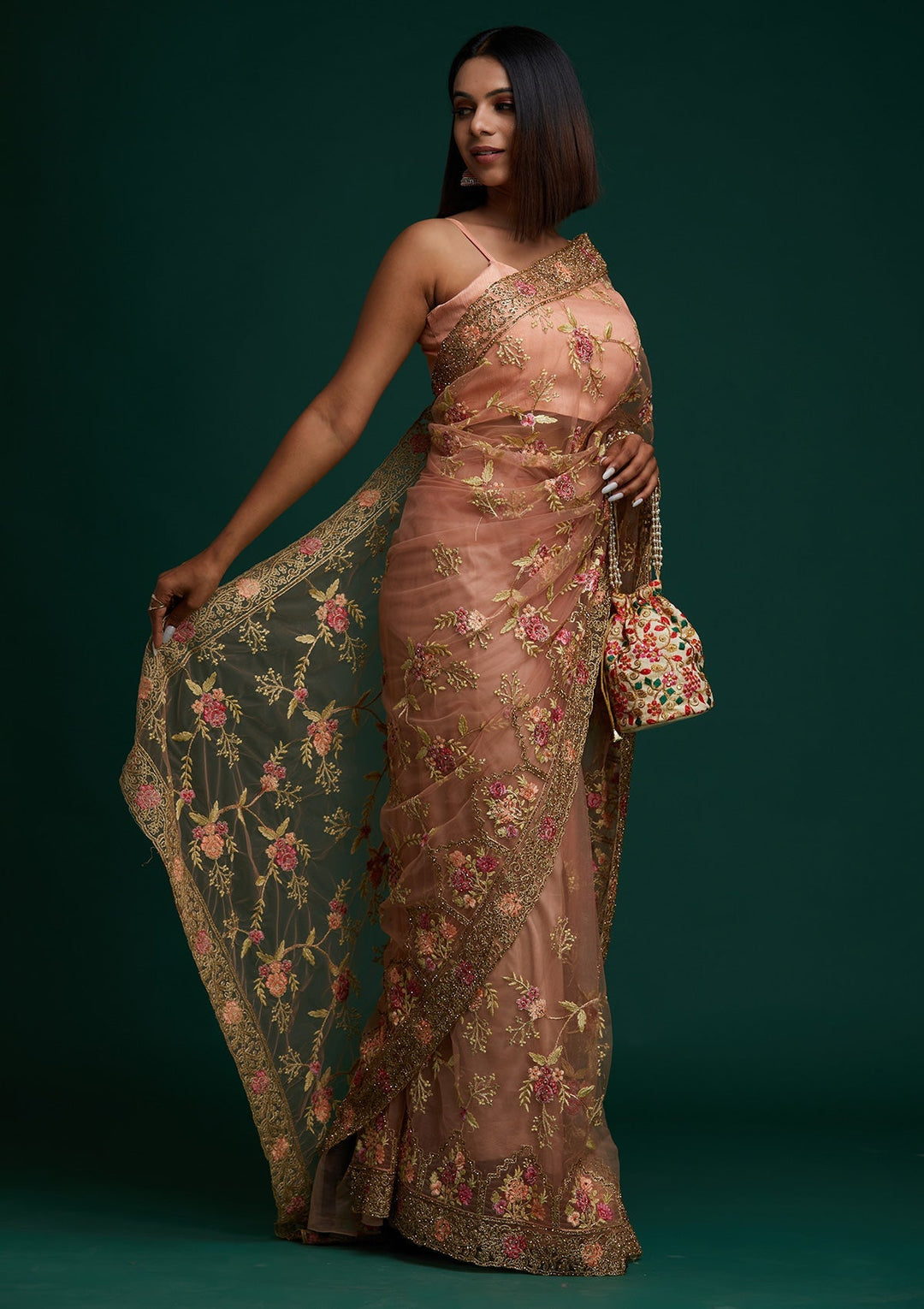 Peach Stonework Net Designer Saree - Koskii