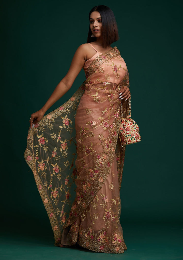Peach Stonework Net Designer Saree - Koskii