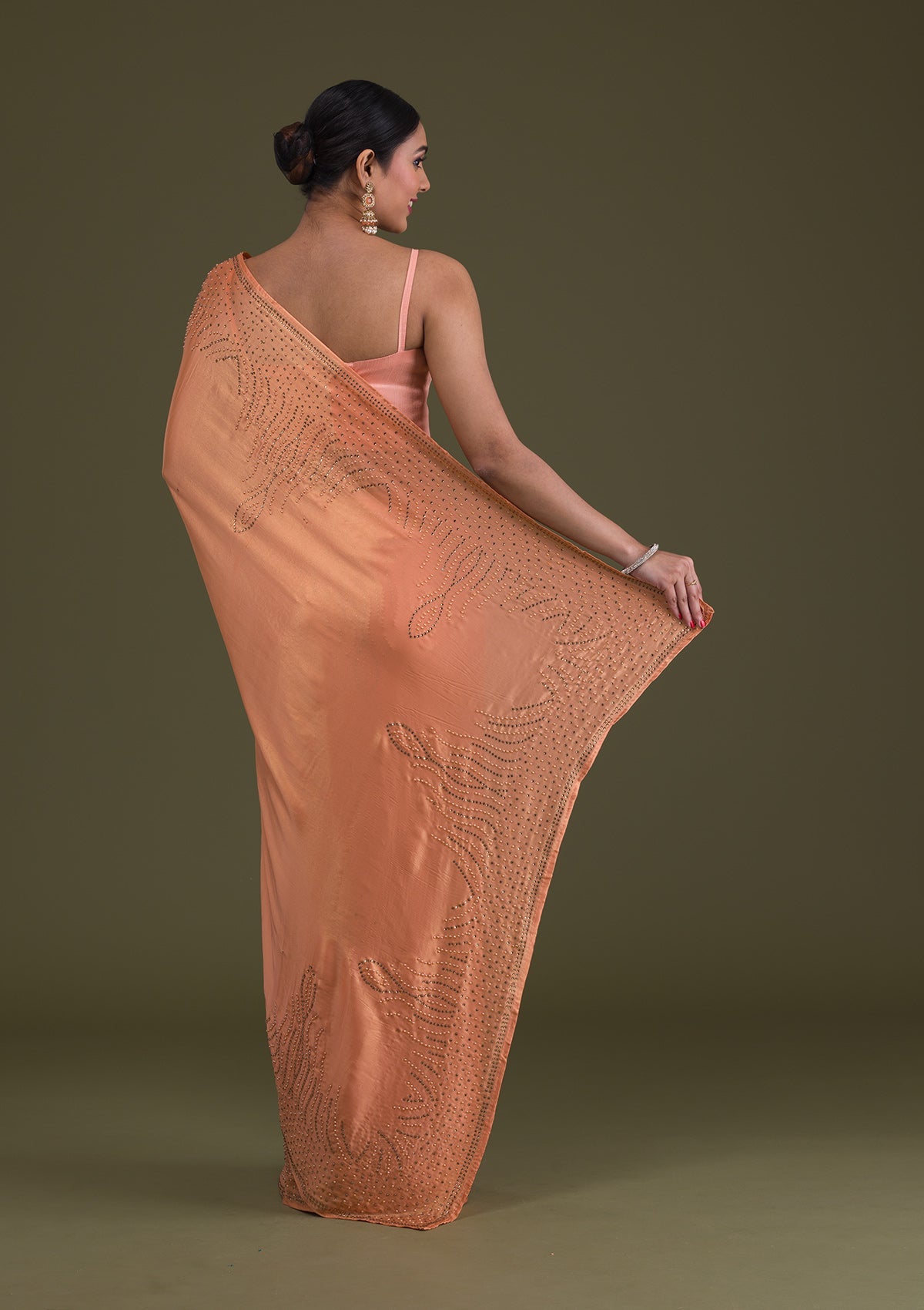 Peach Stonework Satin Saree-Koskii