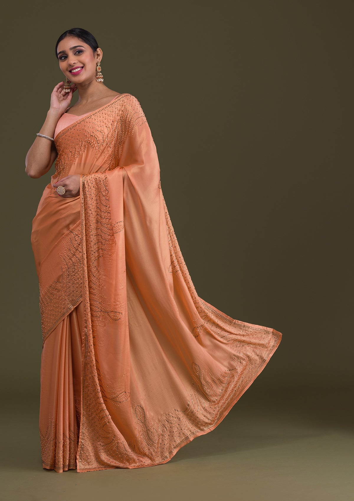 Peach Stonework Satin Saree-Koskii