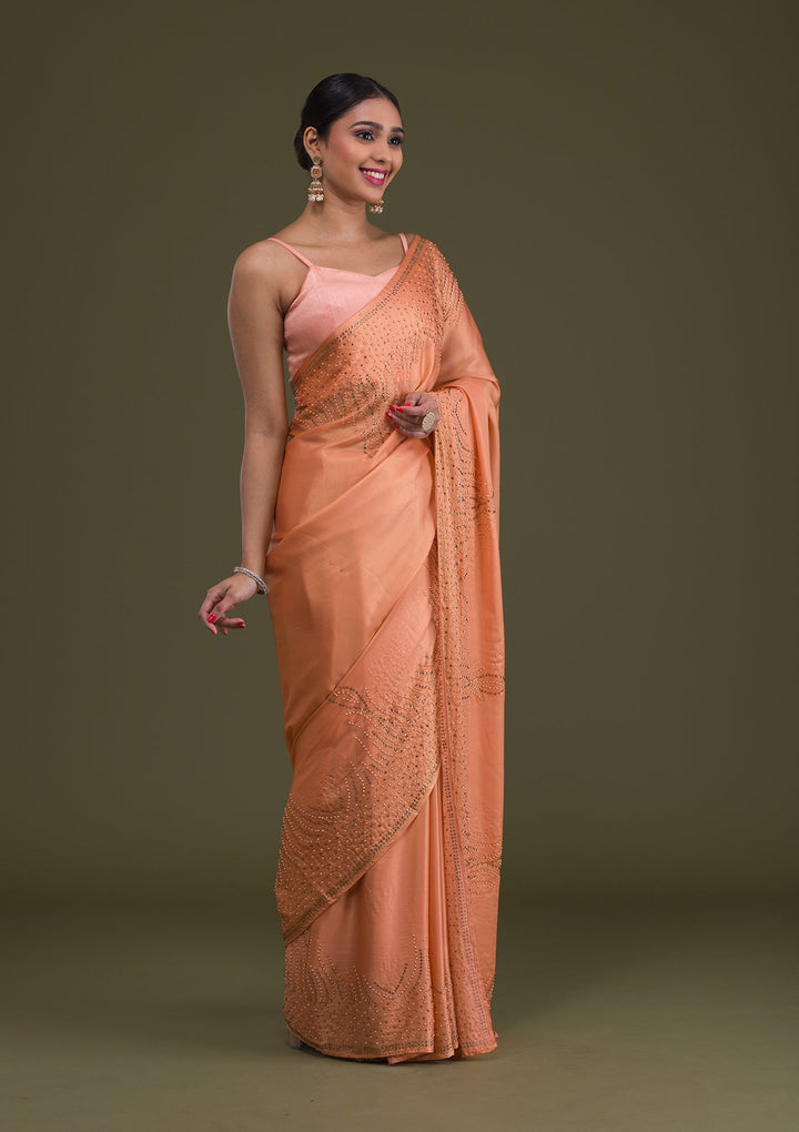 Peach Stonework Satin Saree-Koskii