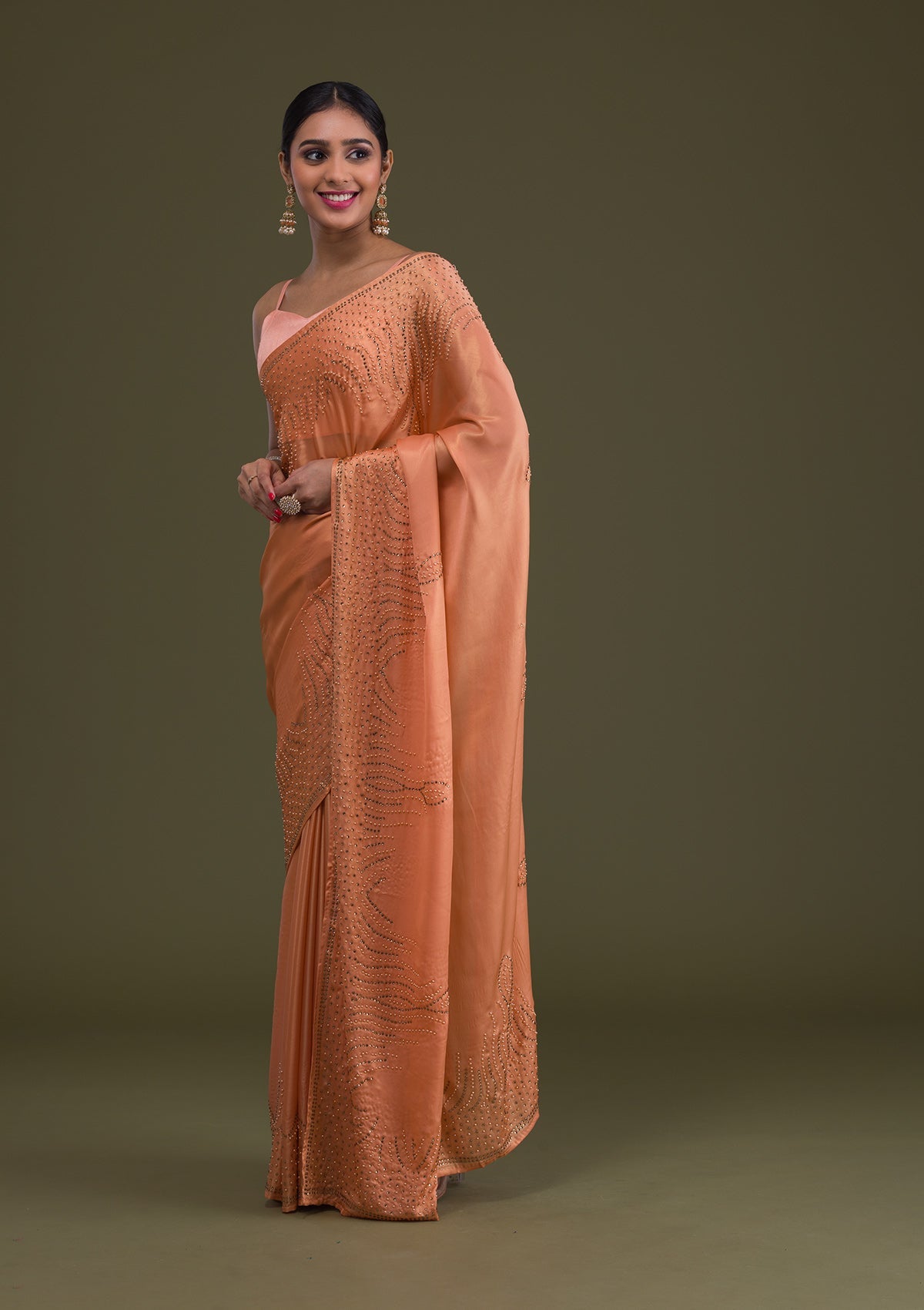 Peach Stonework Satin Saree-Koskii