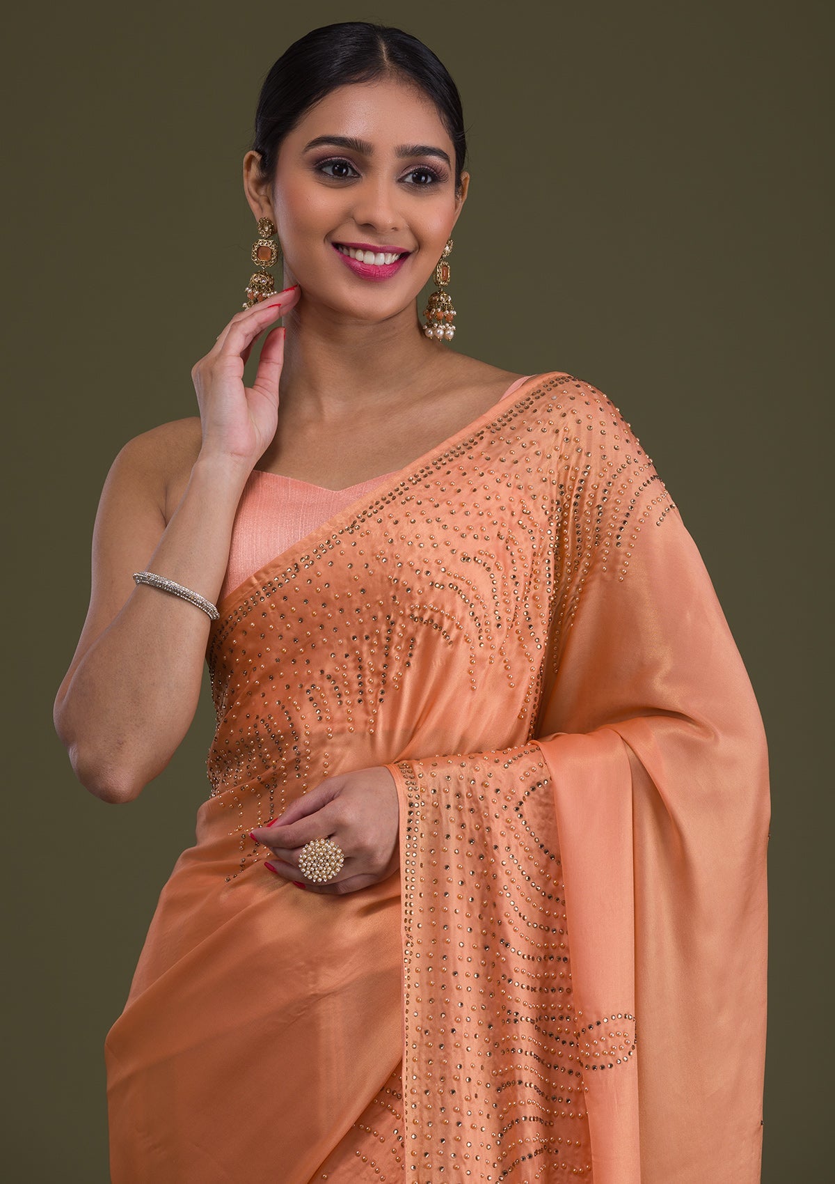 Peach Stonework Satin Saree-Koskii