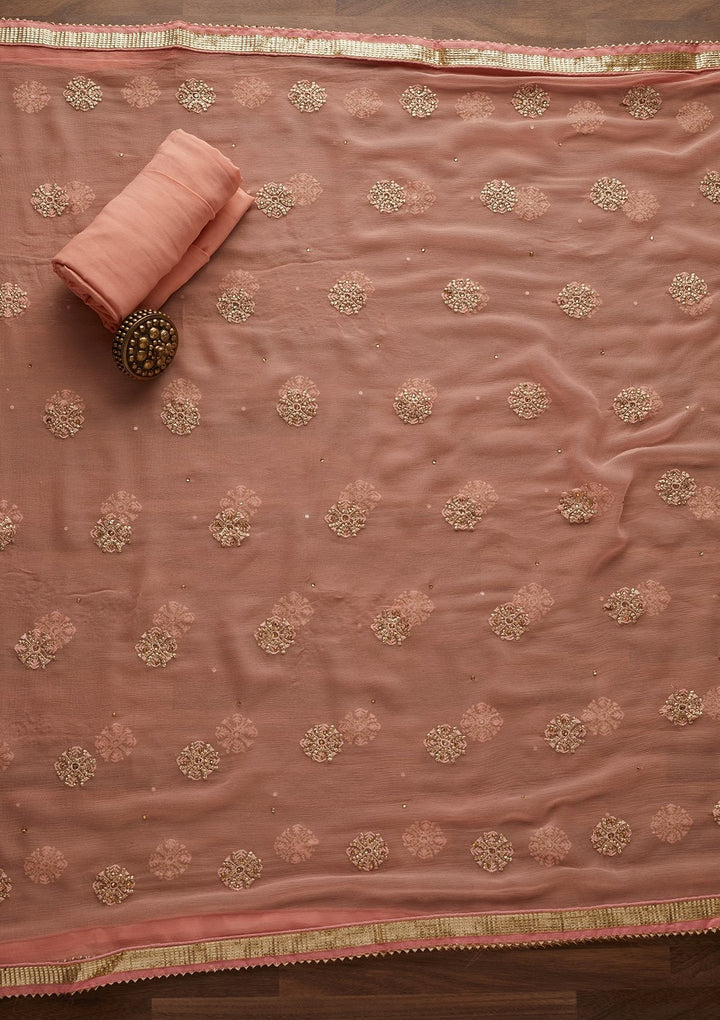 Peach Stonework Semi Crepe Designer Unstitched Salwar Suit - Koskii