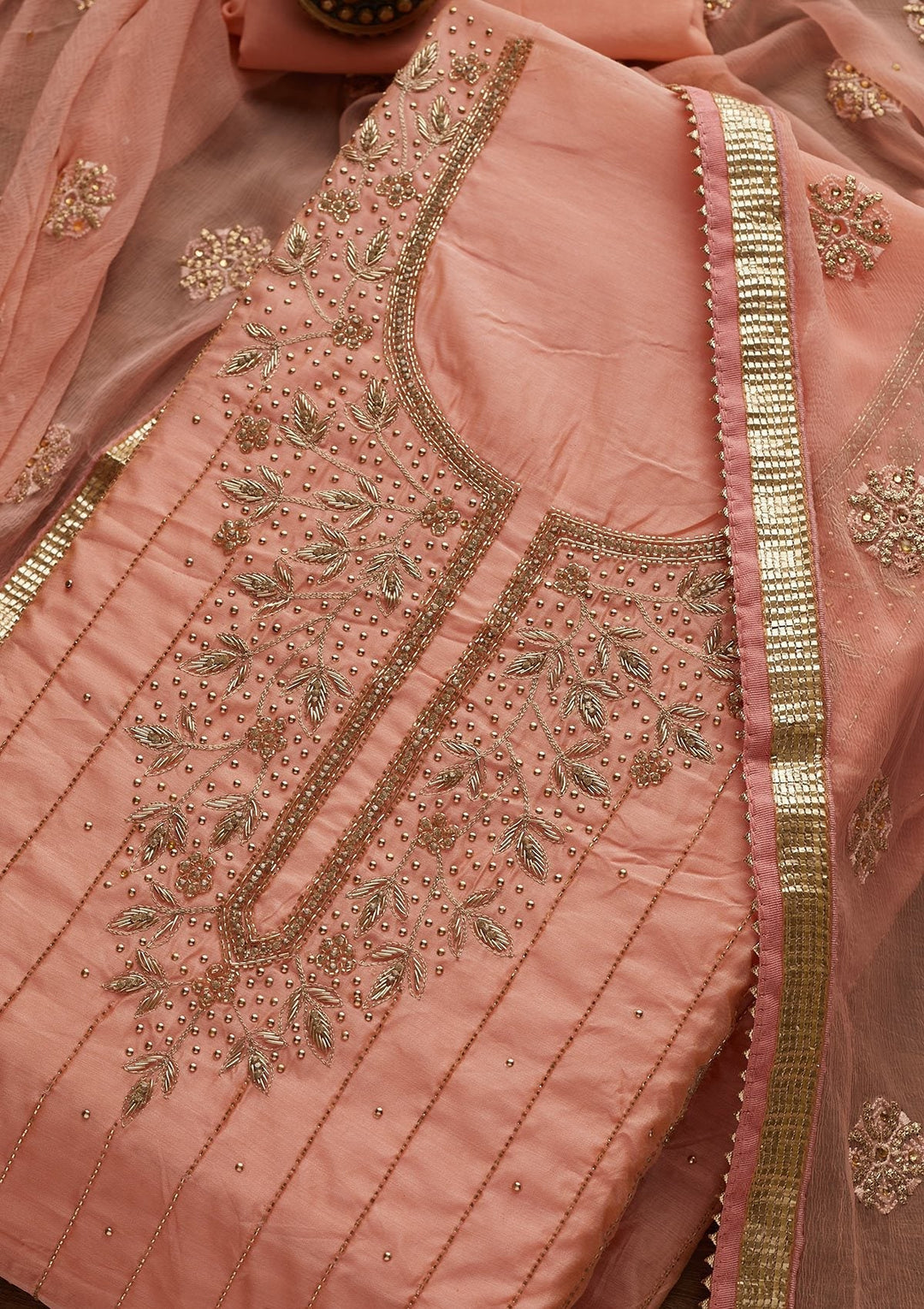 Peach Stonework Semi Crepe Designer Unstitched Salwar Suit - Koskii