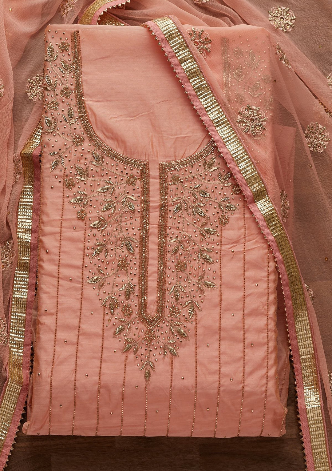 Peach Stonework Semi Crepe Designer Unstitched Salwar Suit - Koskii