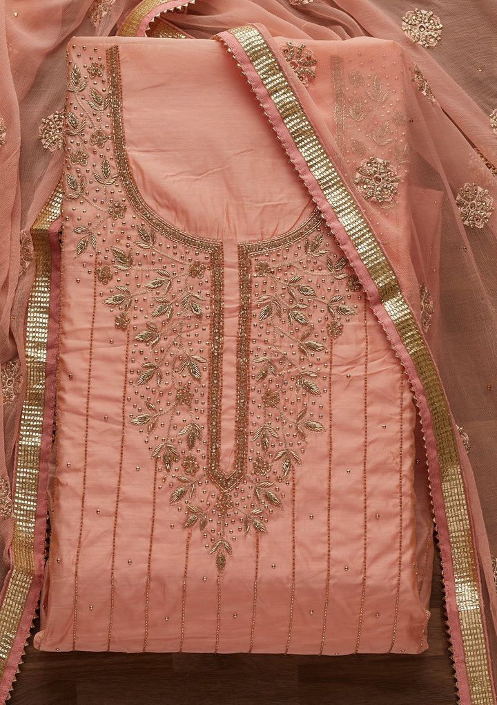 Peach Stonework Semi Crepe Designer Unstitched Salwar Suit - Koskii