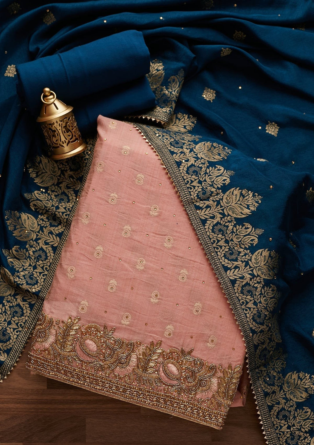 Peach Stonework Semi Crepe Designer Unstitched Salwar Suit - Koskii