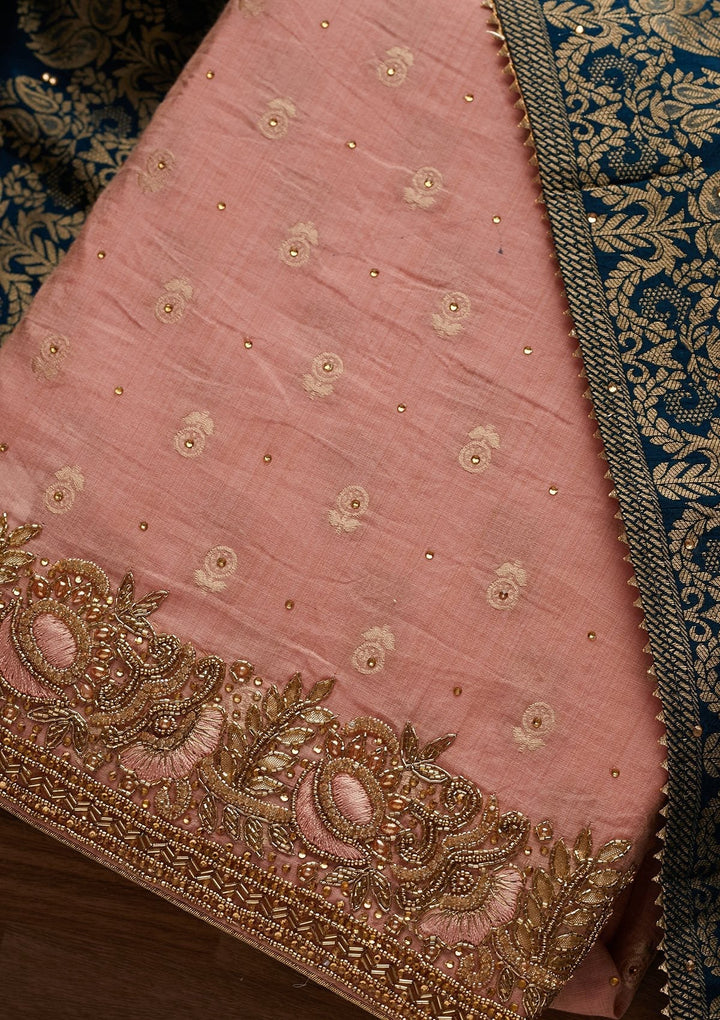 Peach Stonework Semi Crepe Designer Unstitched Salwar Suit - Koskii