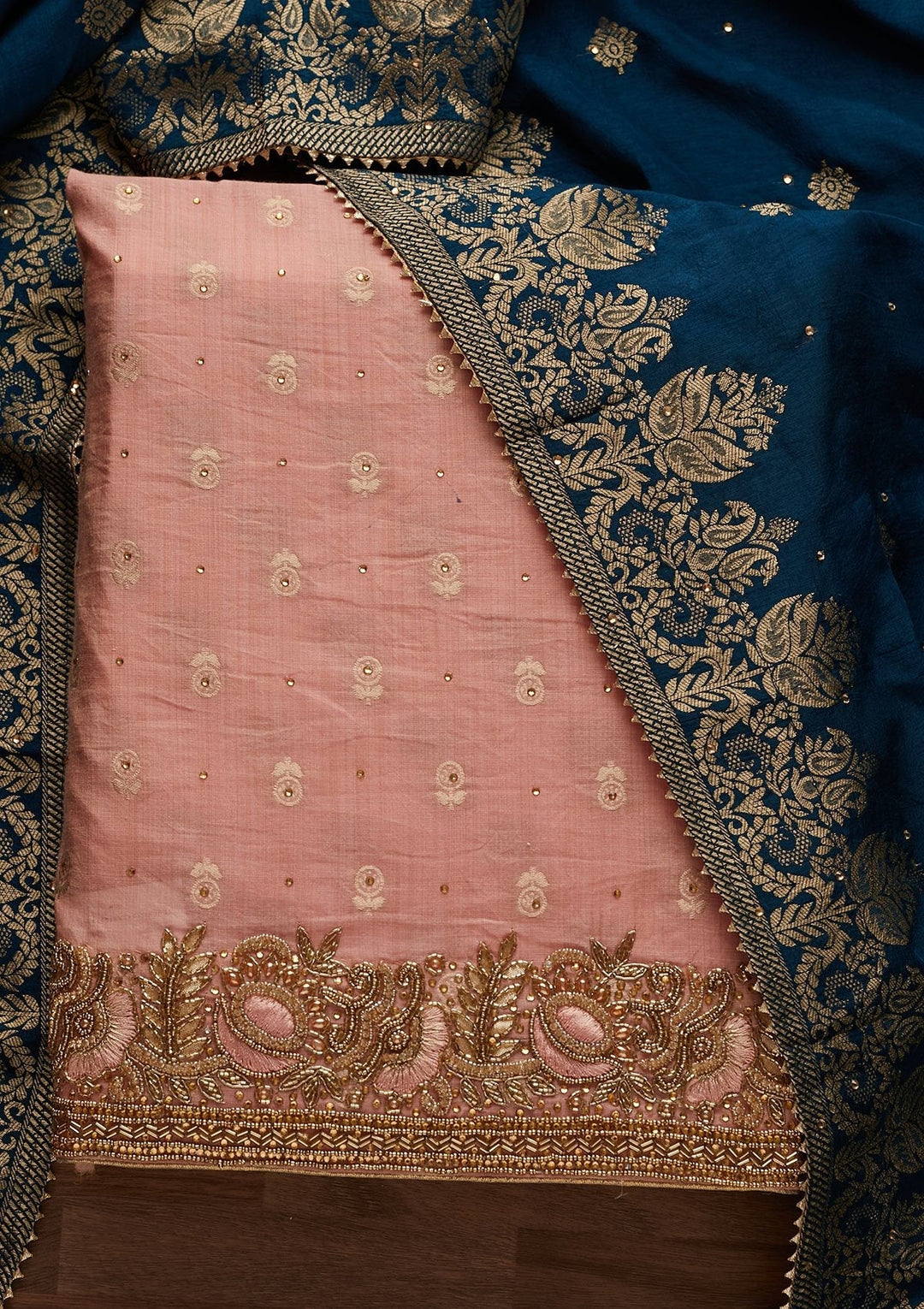 Peach Stonework Semi Crepe Designer Unstitched Salwar Suit - Koskii