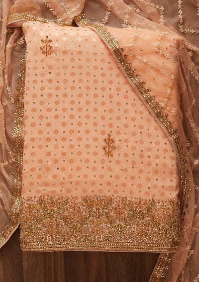 Peach Stonework Semi Crepe Designer Unstitched Salwar Suit - Koskii