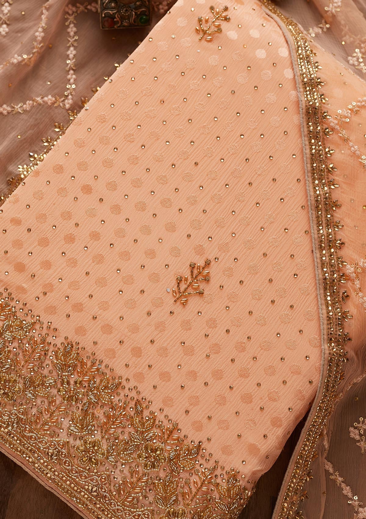 Peach Stonework Semi Crepe Designer Unstitched Salwar Suit - Koskii