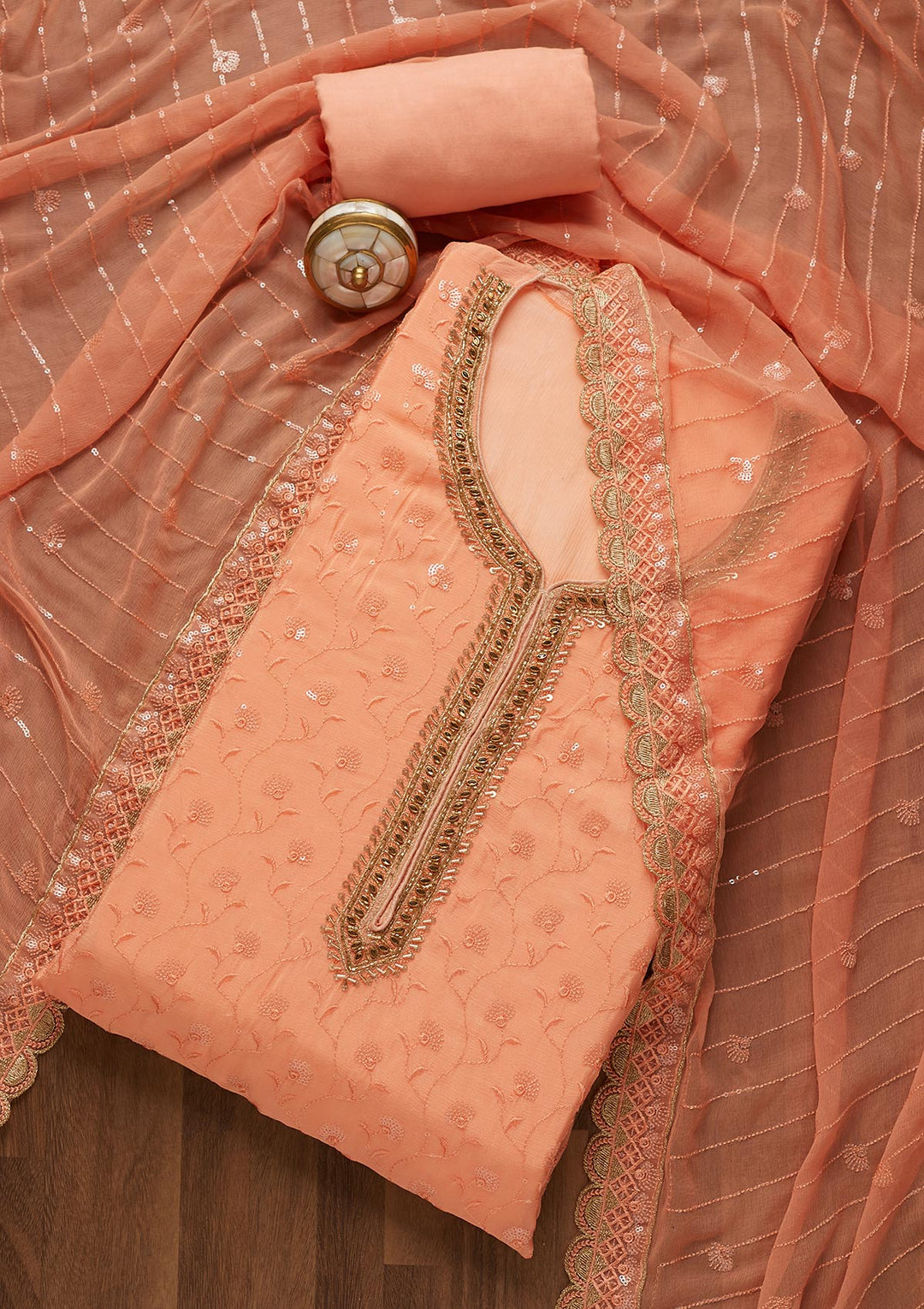 Peach Stonework Semi Crepe Unstitched Salwar Suit-Koskii