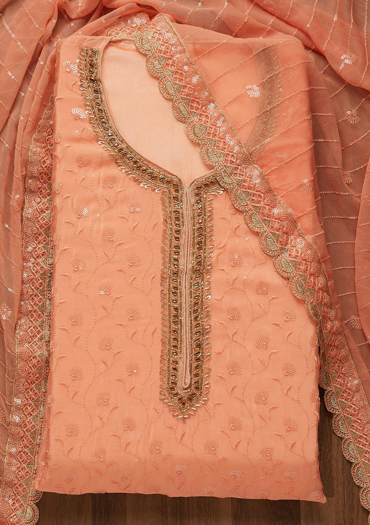 Peach Stonework Semi Crepe Unstitched Salwar Suit-Koskii
