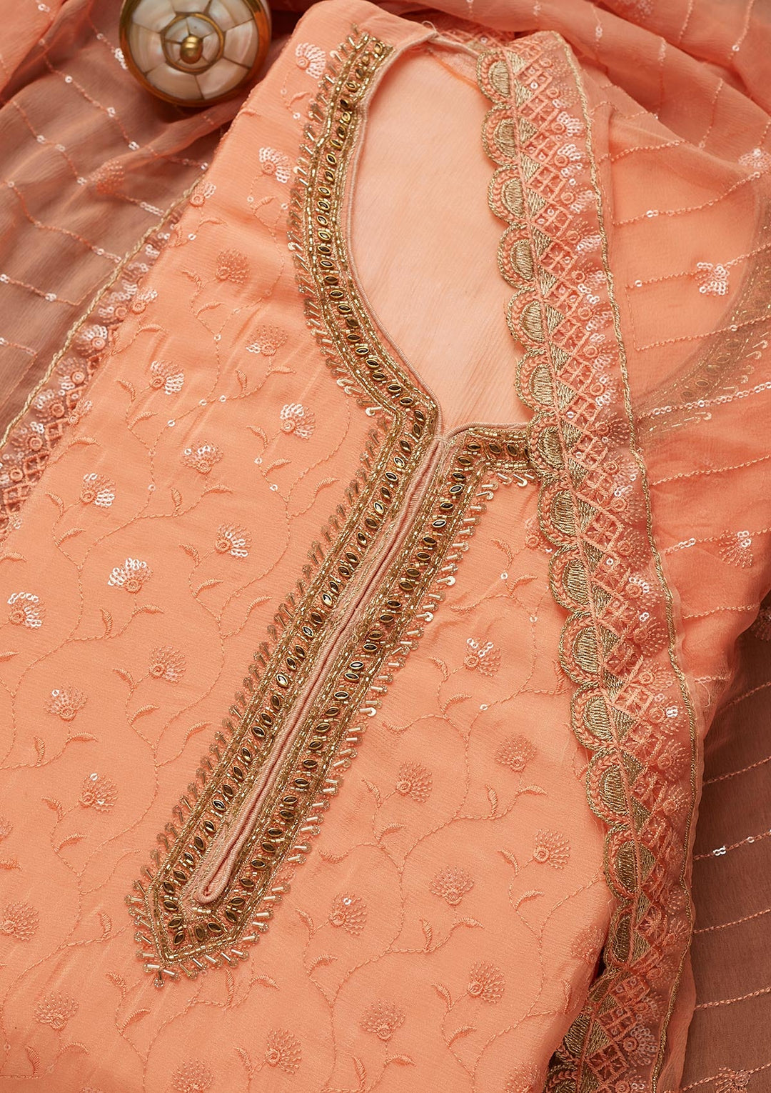 Peach Stonework Semi Crepe Unstitched Salwar Suit-Koskii