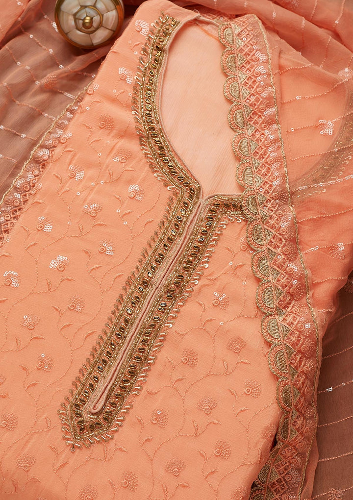 Peach Stonework Semi Crepe Unstitched Salwar Suit-Koskii