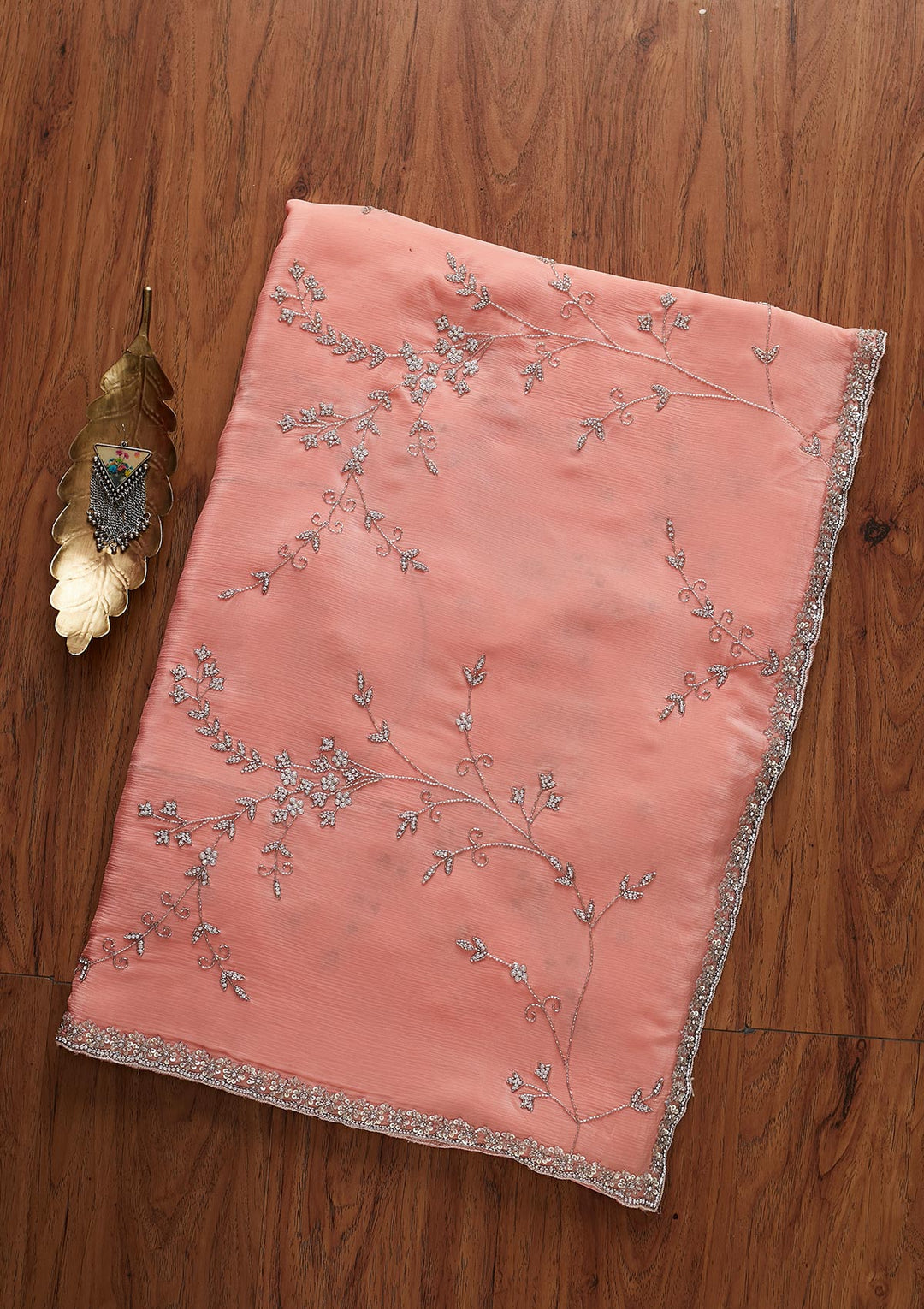 Peach Stonework Semi Crepe Designer Saree - koskii