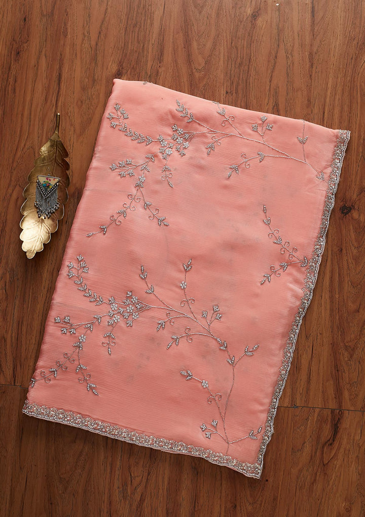 Peach Stonework Semi Crepe Designer Saree - koskii