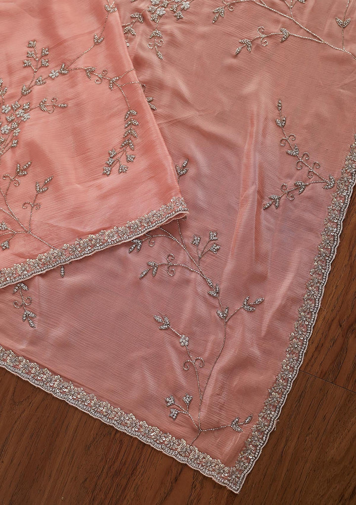 Peach Stonework Semi Crepe Designer Saree - koskii