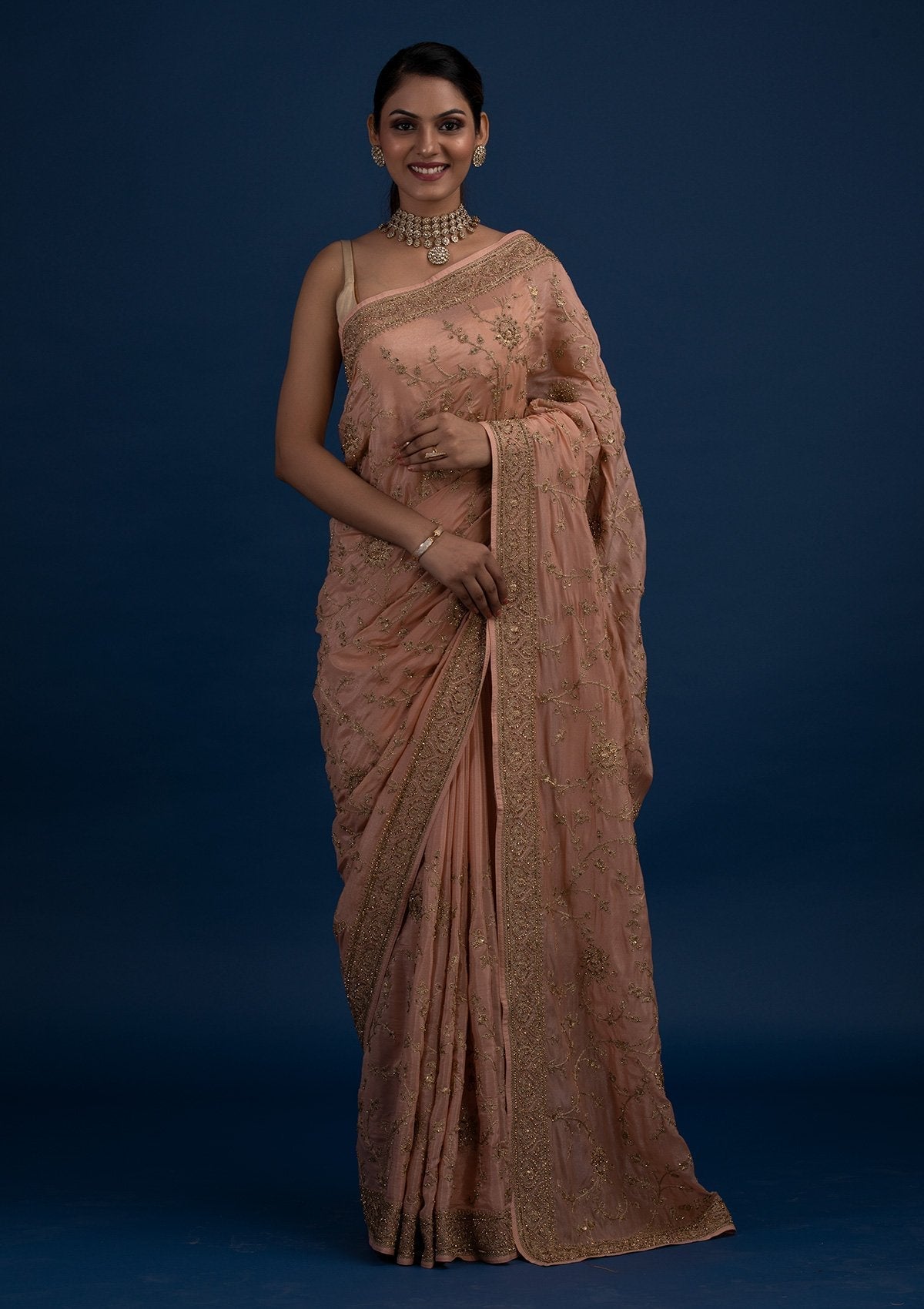 Peach Stonework Semi Crepe Designer Saree - Koskii