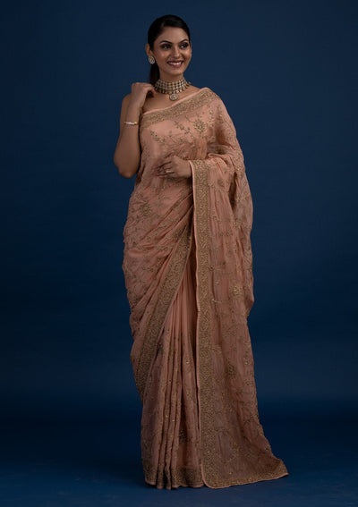 Peach Stonework Semi Crepe Designer Saree - Koskii