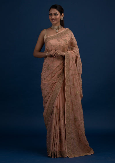 Peach Stonework Semi Crepe Designer Saree - Koskii