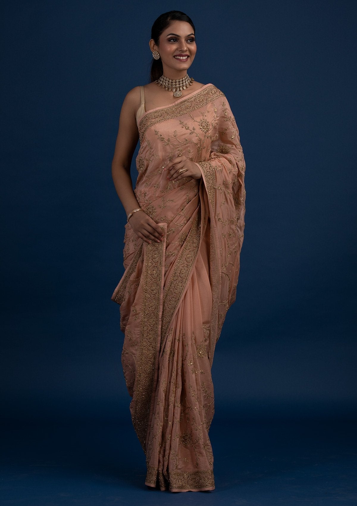 Peach Stonework Semi Crepe Designer Saree - Koskii