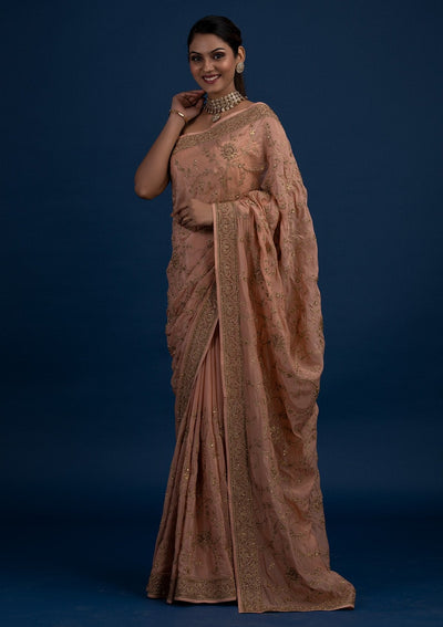 Peach Stonework Semi Crepe Designer Saree - Koskii