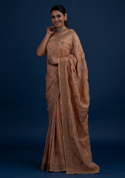 Peach Stonework Semi Crepe Designer Saree - Koskii