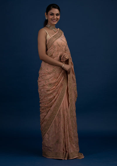 Peach Stonework Semi Crepe Designer Saree - Koskii