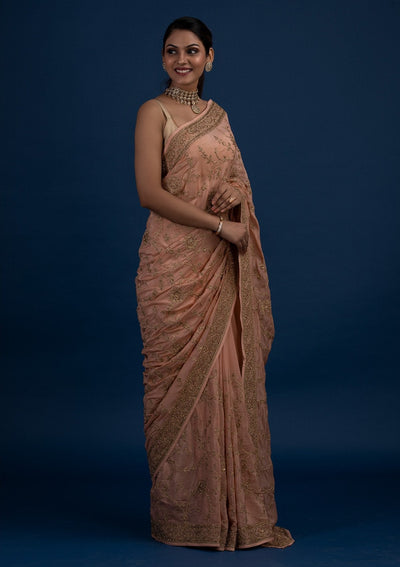 Peach Stonework Semi Crepe Designer Saree - Koskii