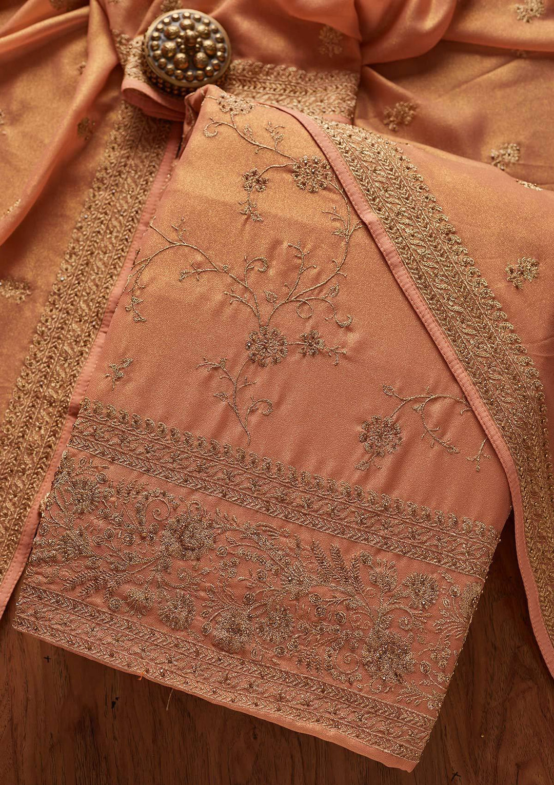 Peach Stonework Shimmer Designer Unstitched Salwar Suit - koskii