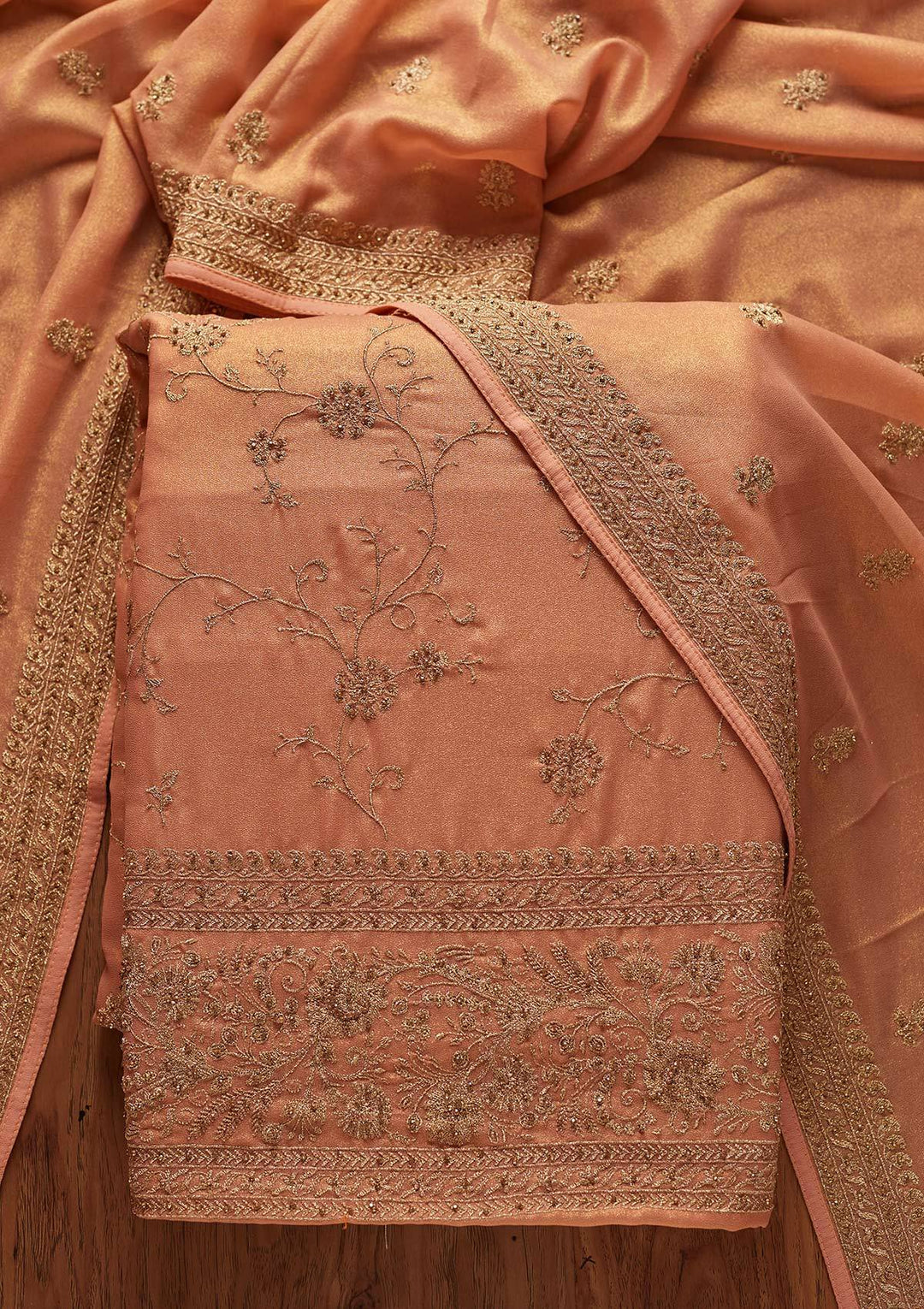 Peach Stonework Shimmer Designer Unstitched Salwar Suit - koskii
