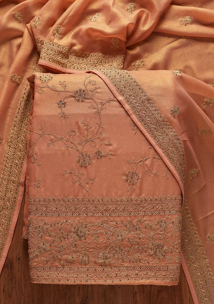 Peach Stonework Shimmer Designer Unstitched Salwar Suit - koskii