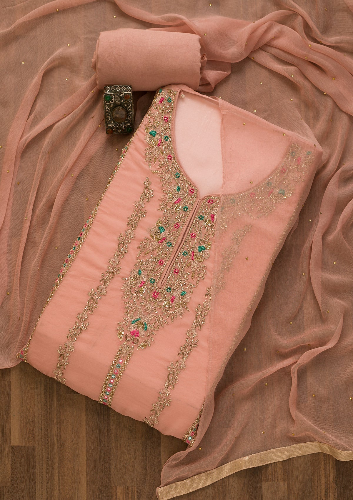Peach Stonework Tissue Unstitched Salwar Kameez-Koskii