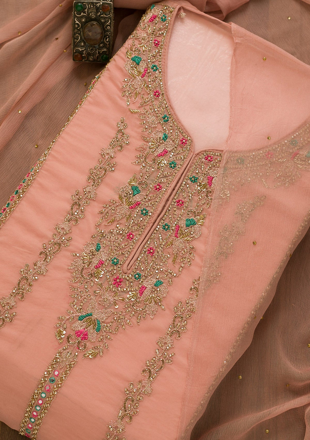 Peach Stonework Tissue Unstitched Salwar Kameez-Koskii