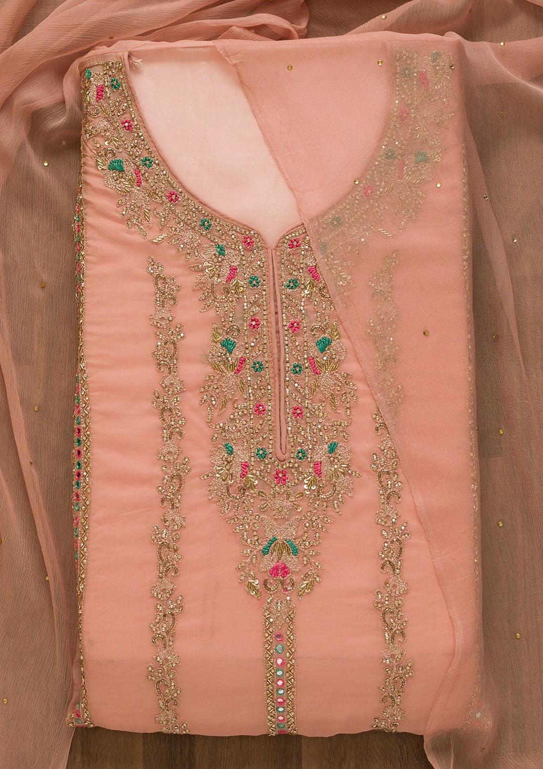 Peach Stonework Tissue Unstitched Salwar Kameez-Koskii