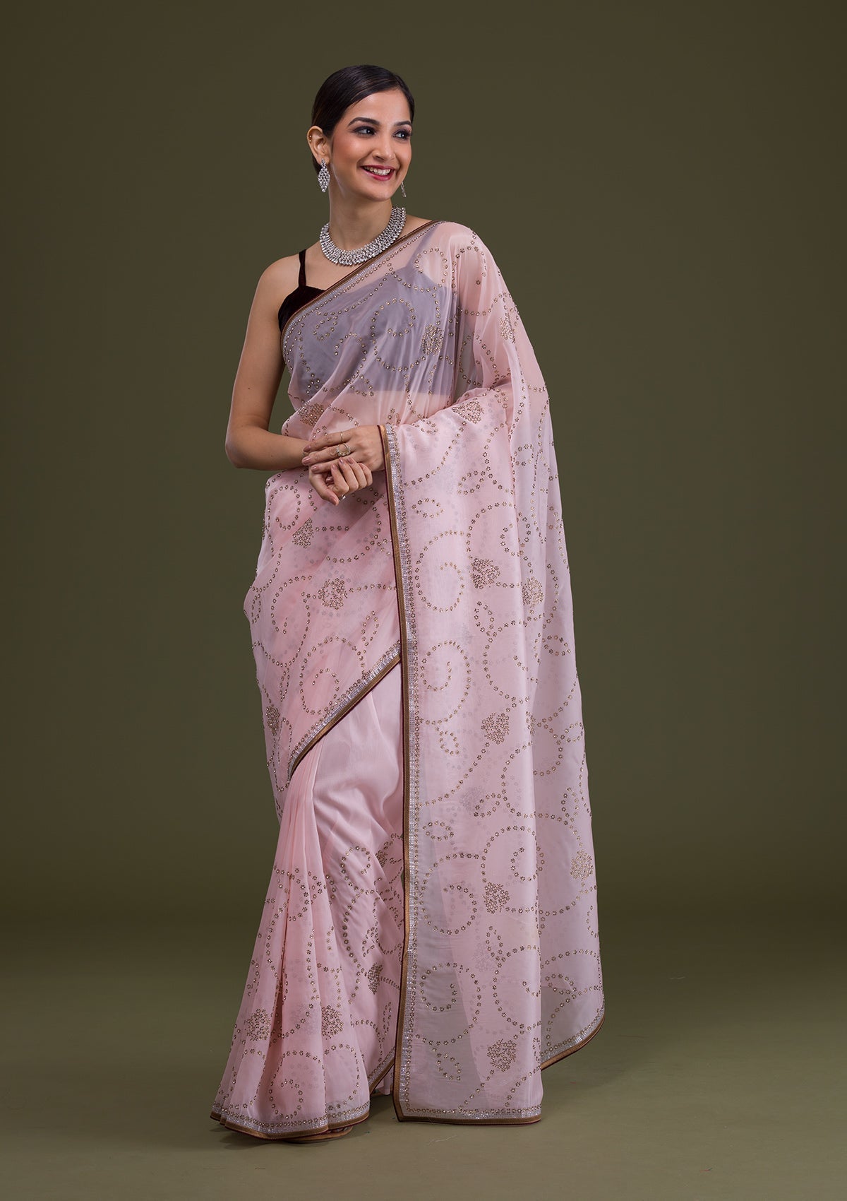 Peach Stonework Tissue Saree-Koskii