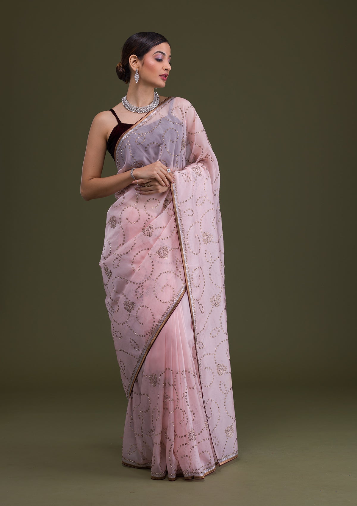 Peach Stonework Tissue Saree-Koskii