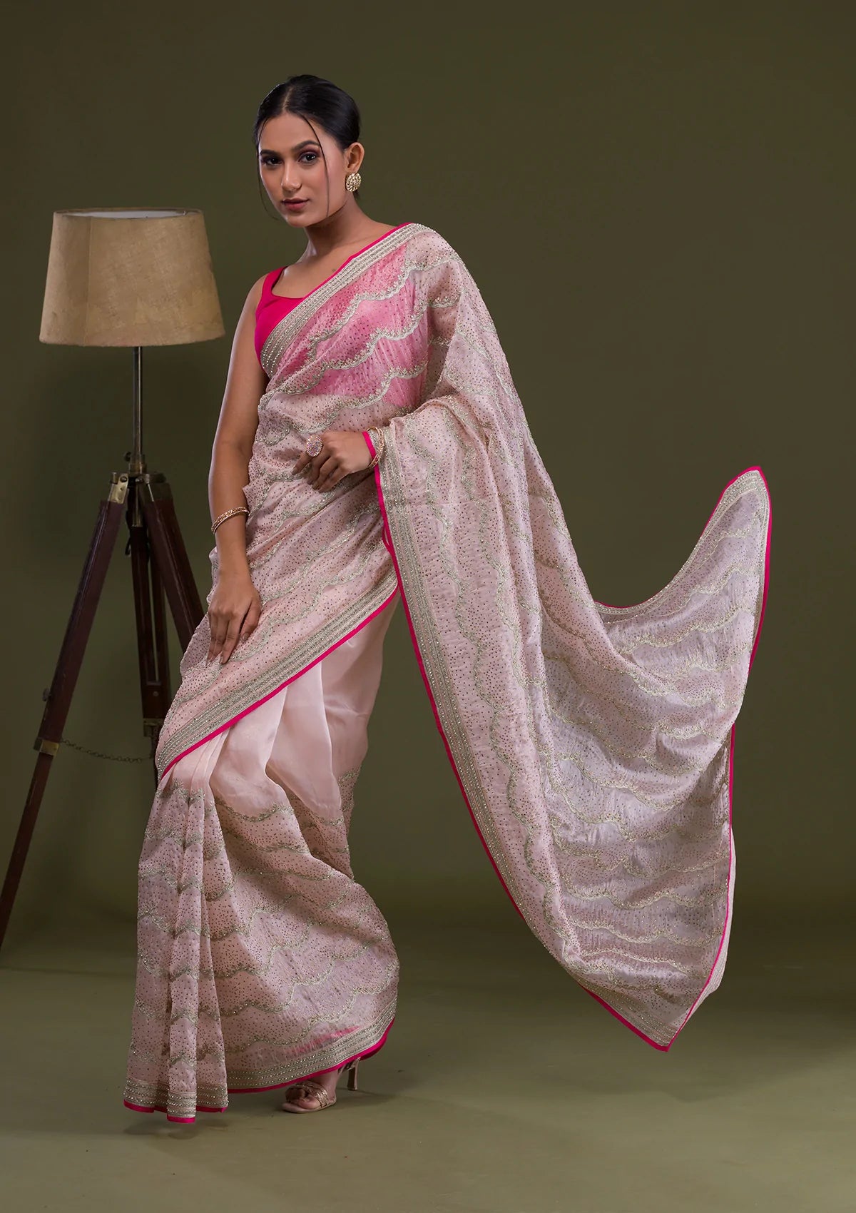 Peach Stonework Tissue Saree-Koskii