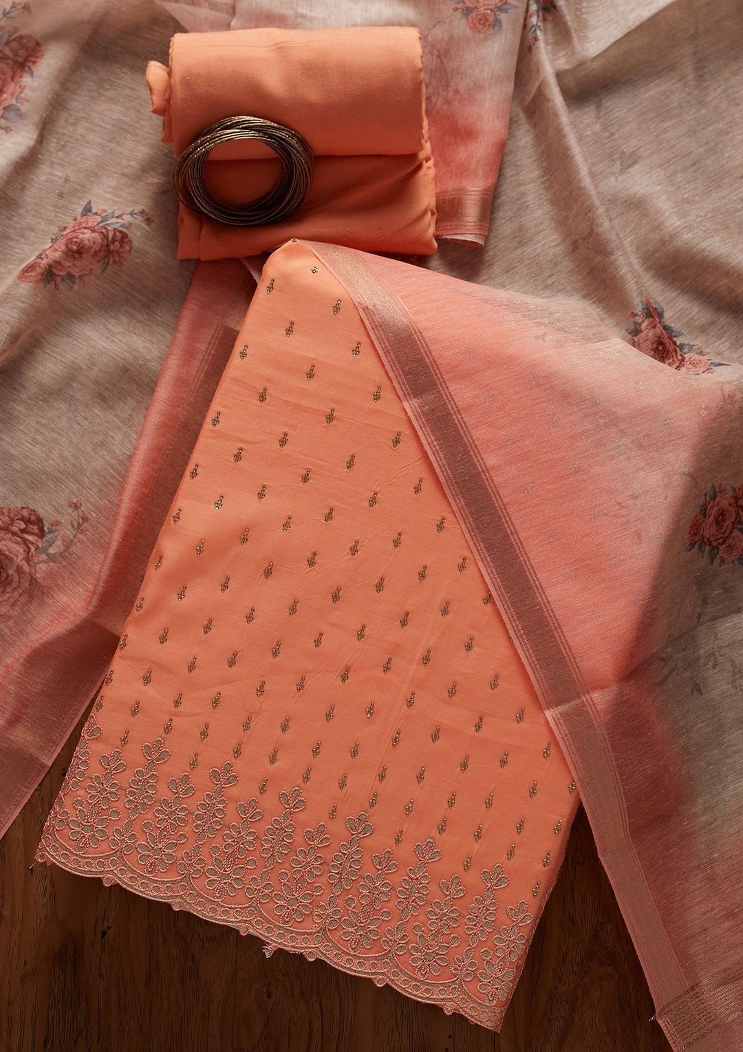 Peach Swarovski Chanderi Designer Unstitched Salwar Suit - koskii