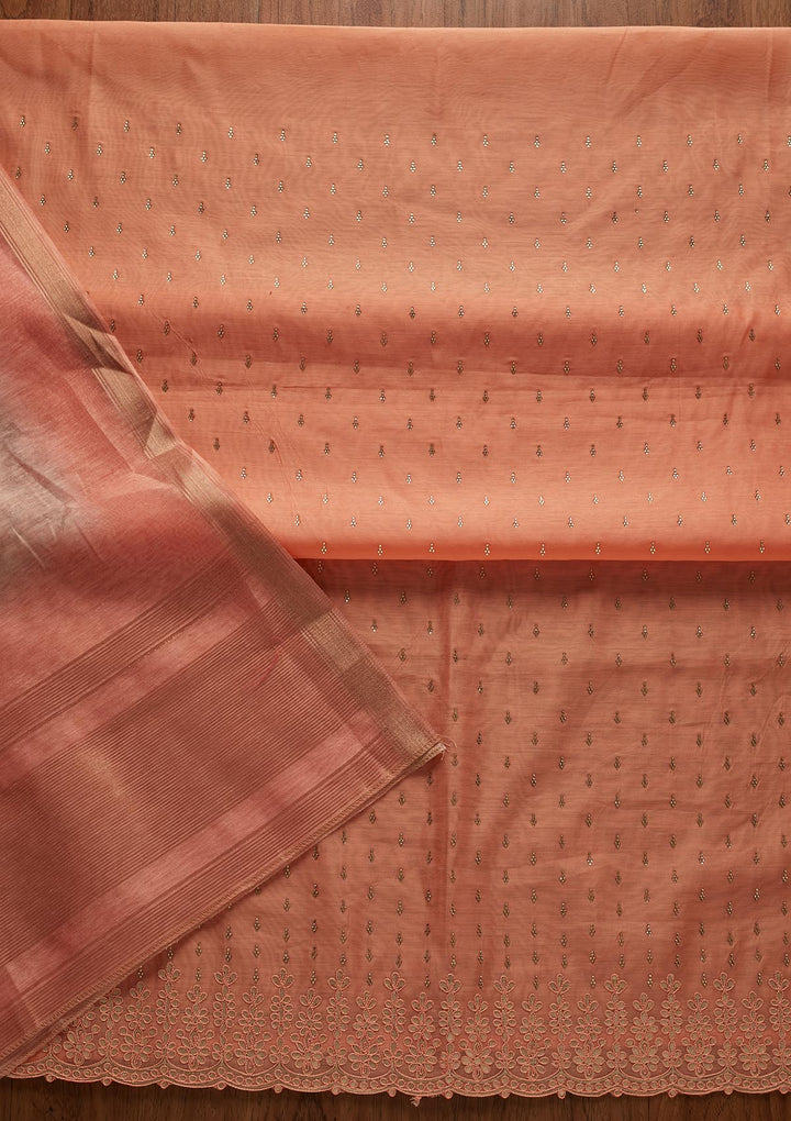 Peach Swarovski Chanderi Designer Unstitched Salwar Suit - koskii