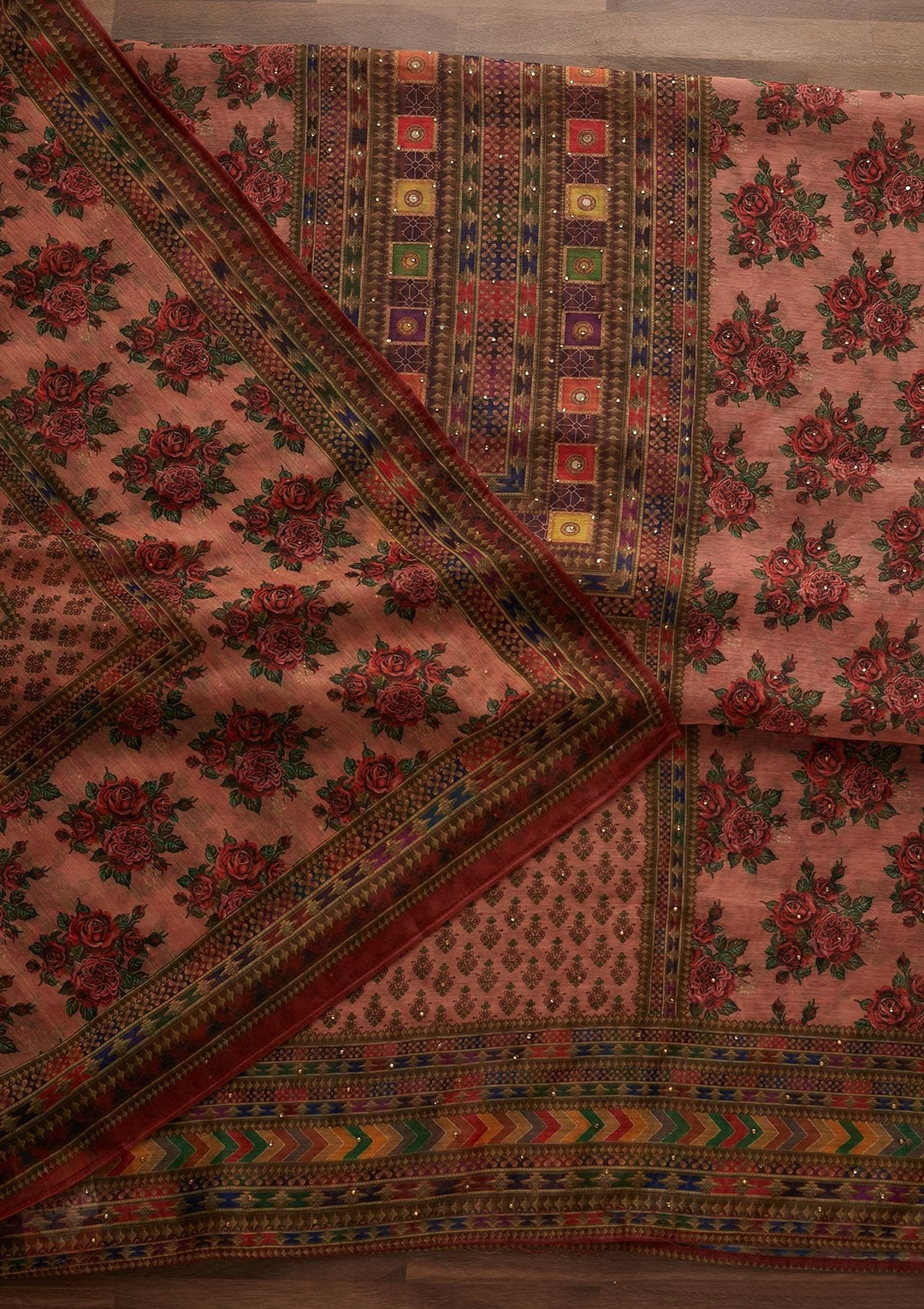 Peach Swarovski Chanderi Designer Unstitched Salwar Suit - Koskii