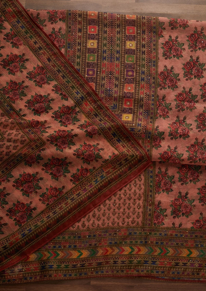 Peach Swarovski Chanderi Designer Unstitched Salwar Suit - Koskii