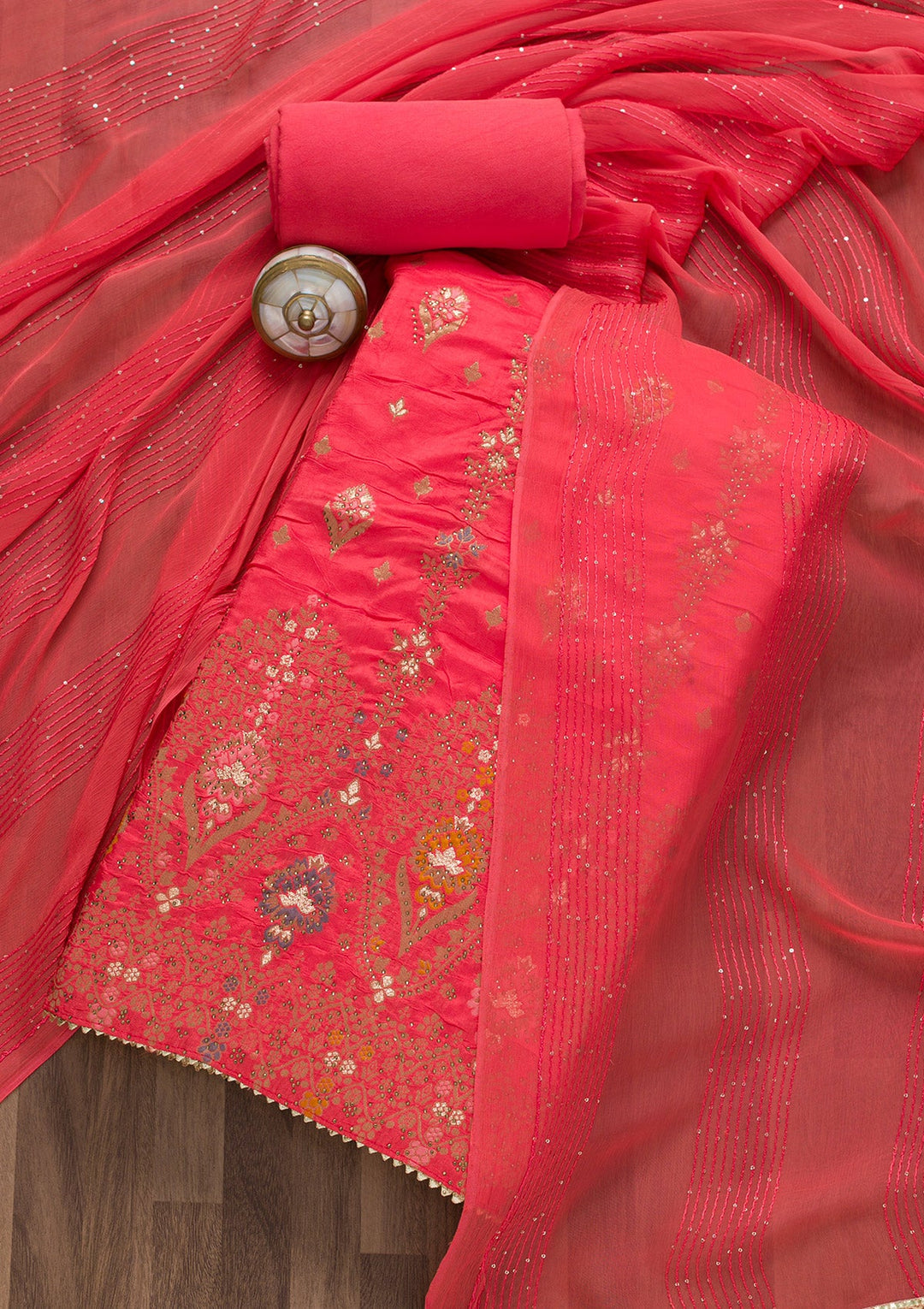 Peach Soft Silk Swarovski Unstitched Salwar Suit-koskii