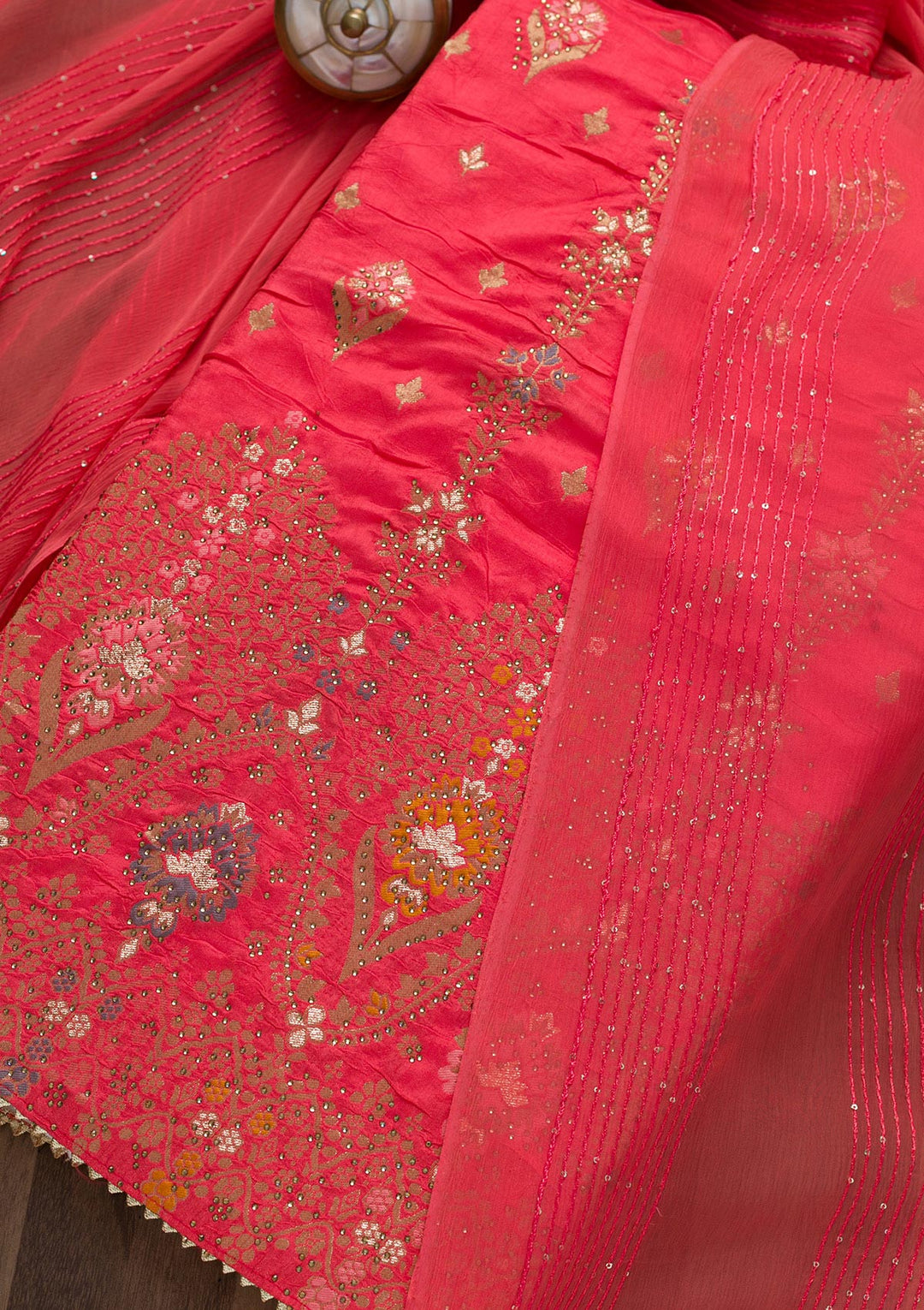 Peach Soft Silk Swarovski Unstitched Salwar Suit-koskii