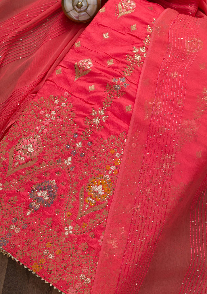 Peach Soft Silk Swarovski Unstitched Salwar Suit-koskii