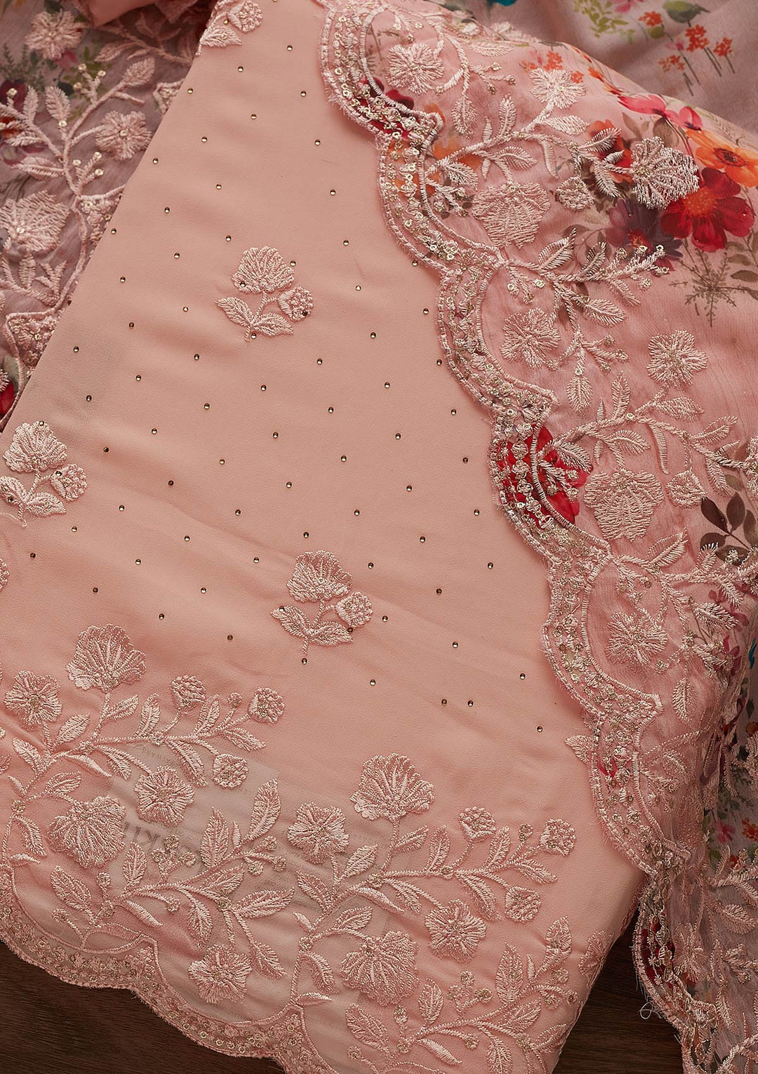 Peach Swarovski Georgette Designer Unstitched Salwar Suit - Koskii