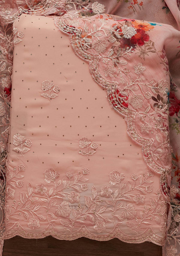 Peach Swarovski Georgette Designer Unstitched Salwar Suit - Koskii
