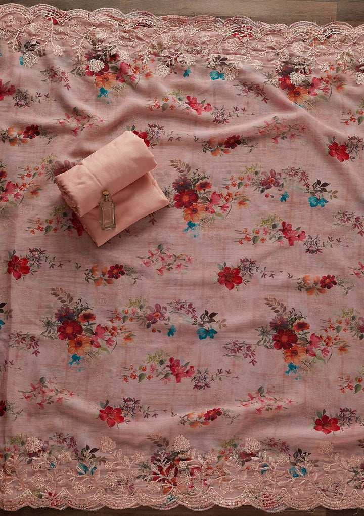 Peach Swarovski Georgette Designer Unstitched Salwar Suit - Koskii